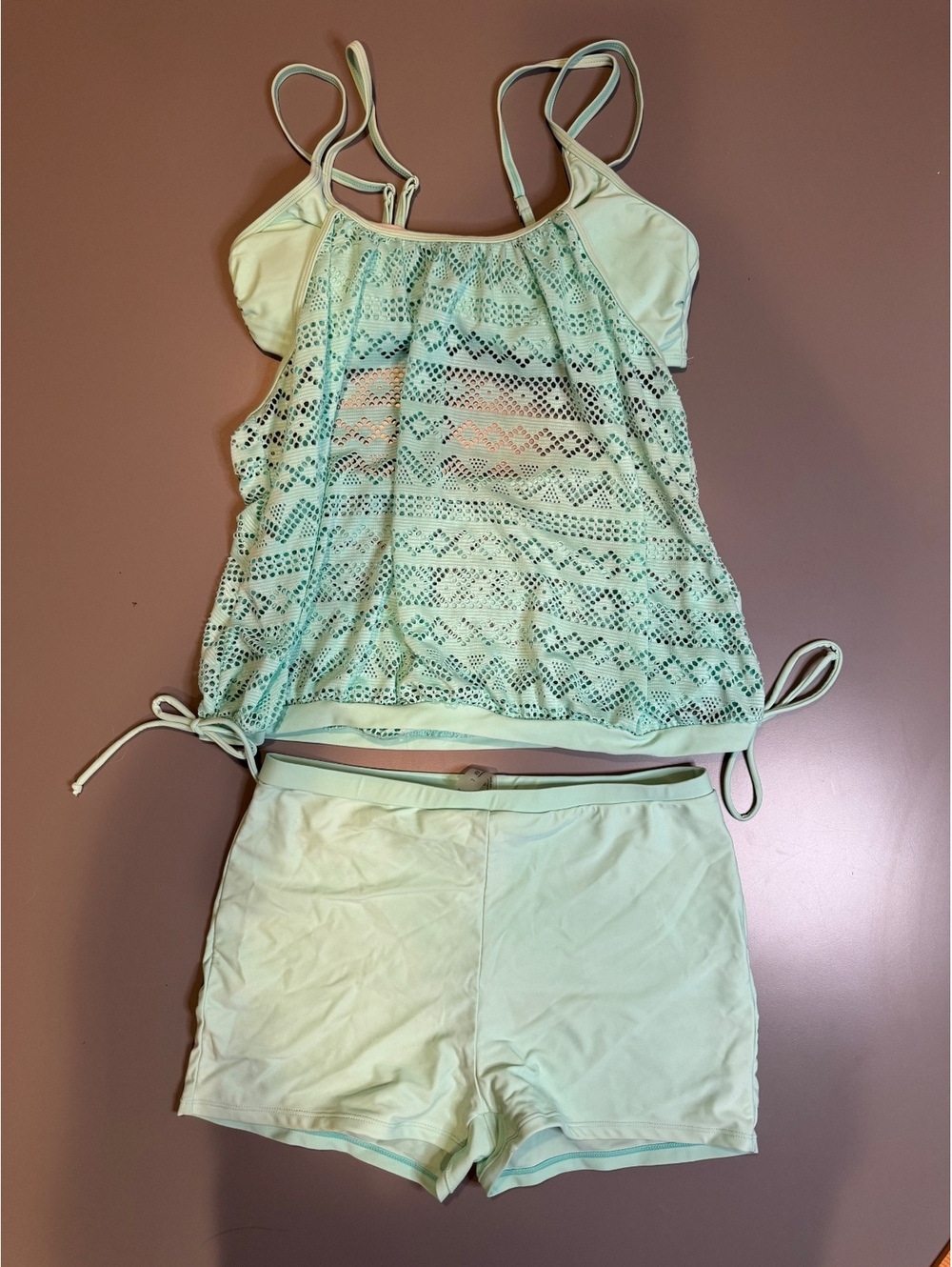 Women's Mint Green Two-Piece Swimwear Set with Lace Overlay,